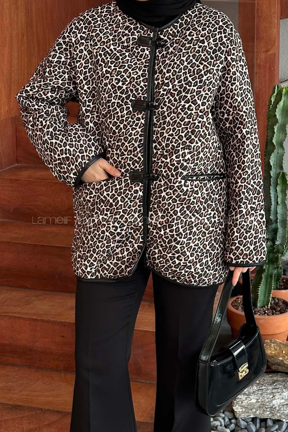 Lamelif Kapitone Çoban Mont Leopar Desenli