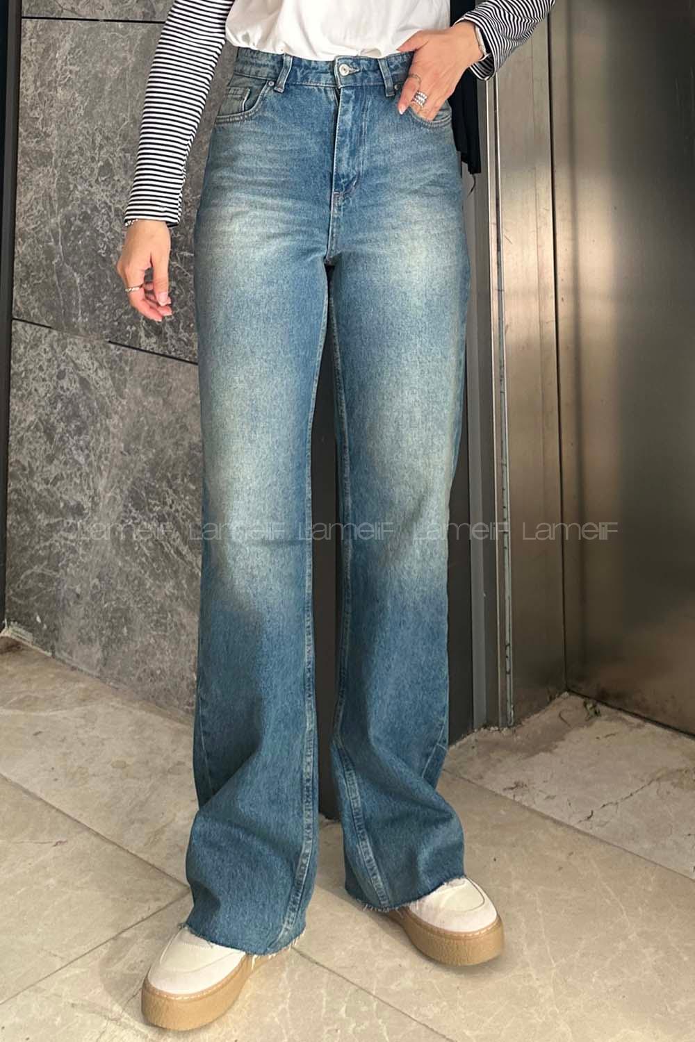 Lamelif Kesik Paça Renkli Dikiş Pantolon Vintage Mavi