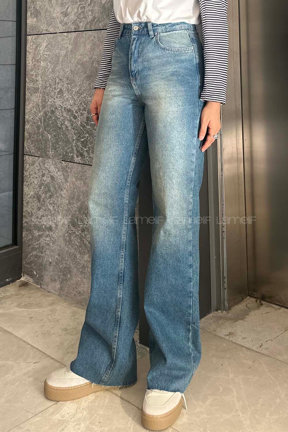 Lamelif Kesik Paça Renkli Dikiş Pantolon Vintage Mavi