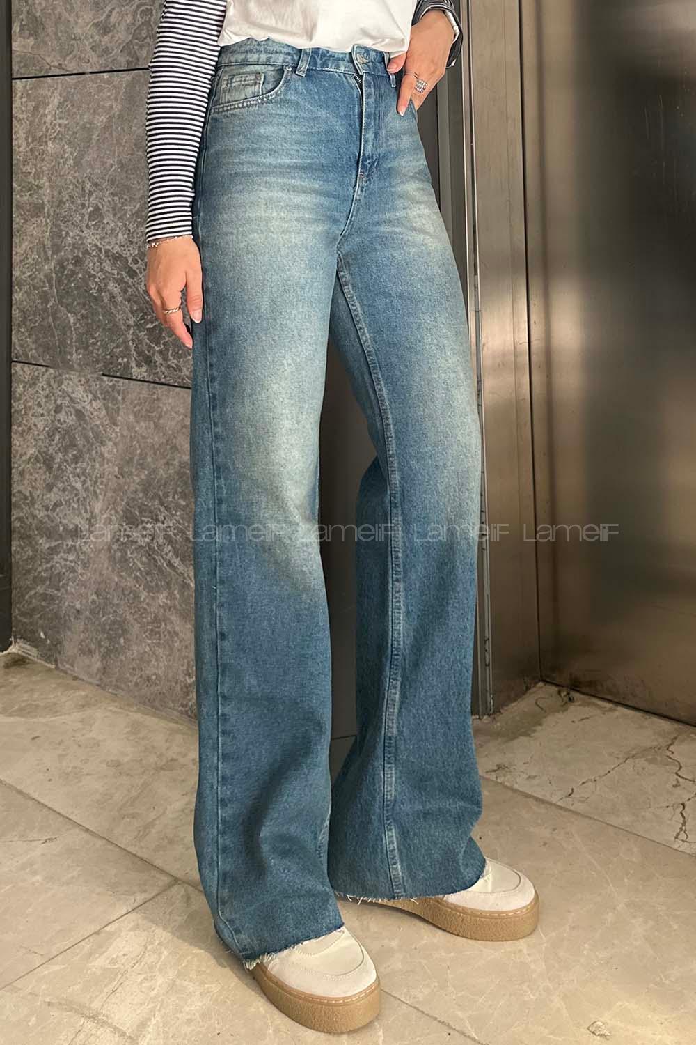 Lamelif Kesik Paça Renkli Dikiş Pantolon Vintage Mavi