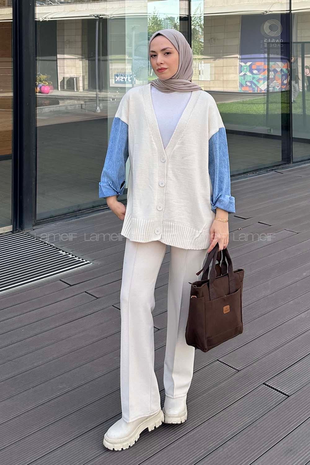 Lamelif Kolları Kot Detaylı Tasarım Triko Hırka Ekru