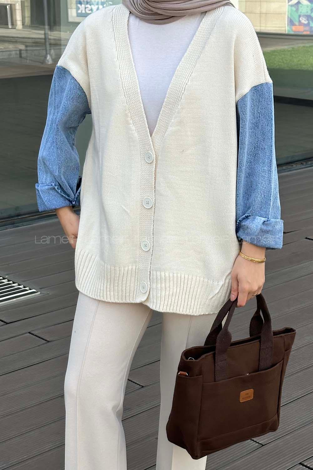 Lamelif Kolları Kot Detaylı Tasarım Triko Hırka Ekru