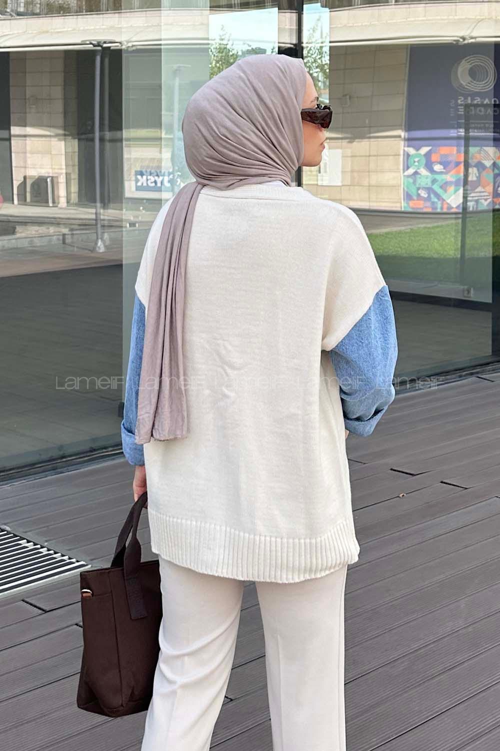 Lamelif Kolları Kot Detaylı Tasarım Triko Hırka Ekru