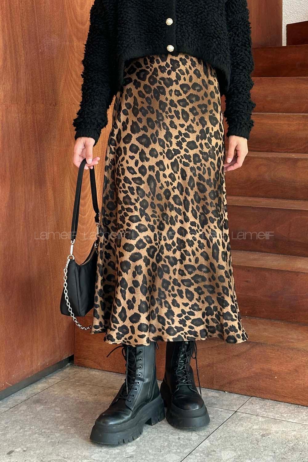 Lamelif Leopar Detaylı Saten Etek Kahverengi