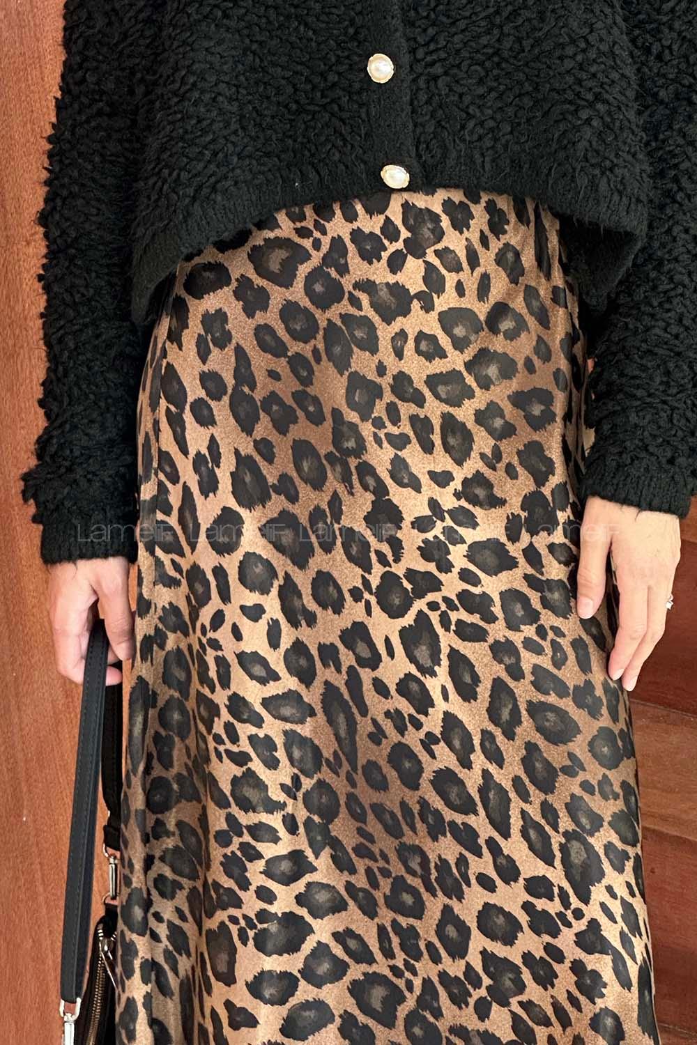 Lamelif Leopar Detaylı Saten Etek Kahverengi