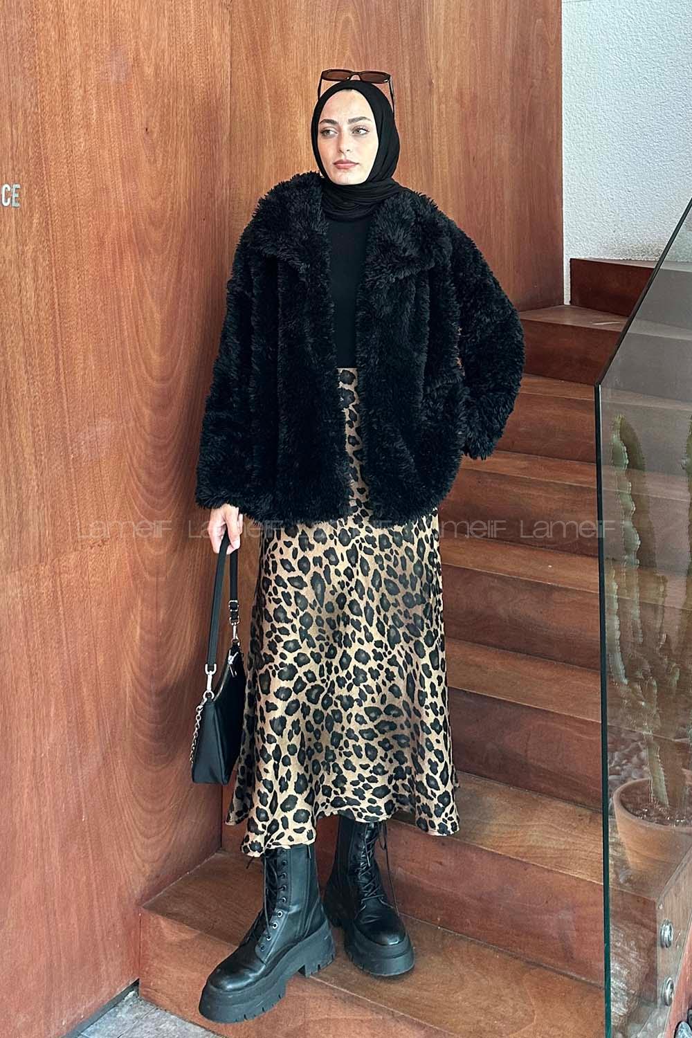 Lamelif Peluş Detaylı Mont Siyah