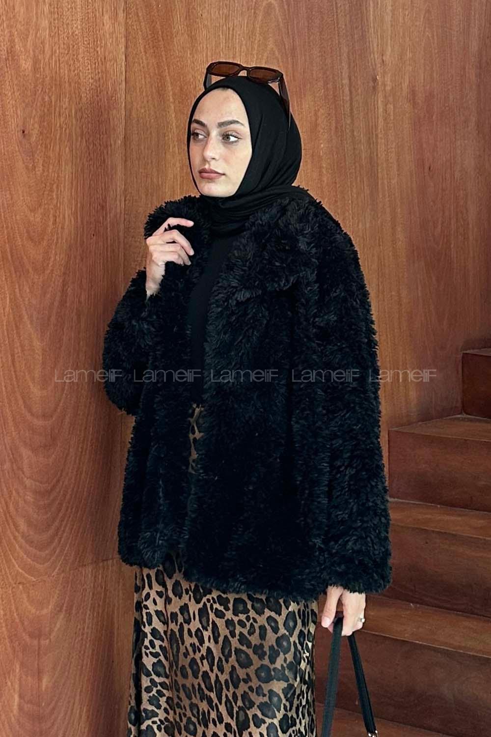 Lamelif Peluş Detaylı Mont Siyah