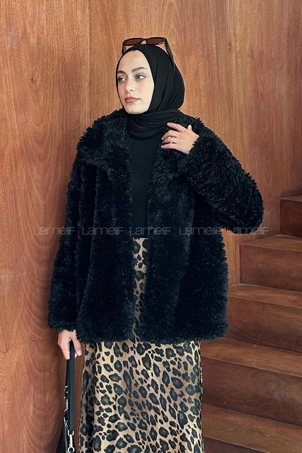 Lamelif Peluş Detaylı Mont Siyah