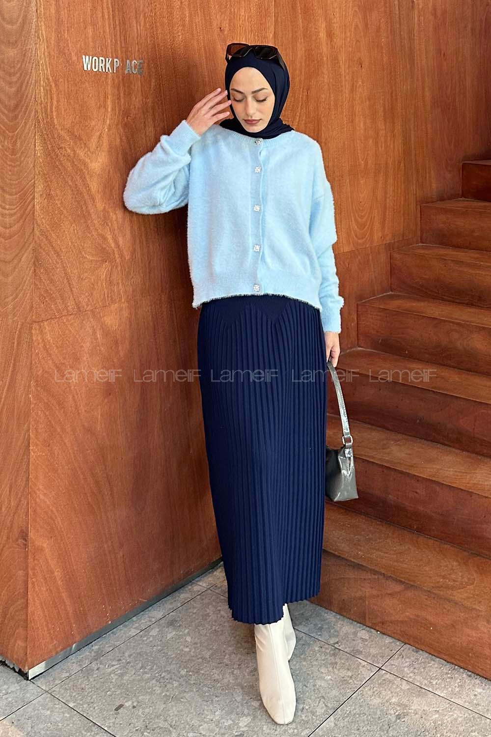 Blue Medium Crew Neck Long Arm Poplin Fabric Cardigan