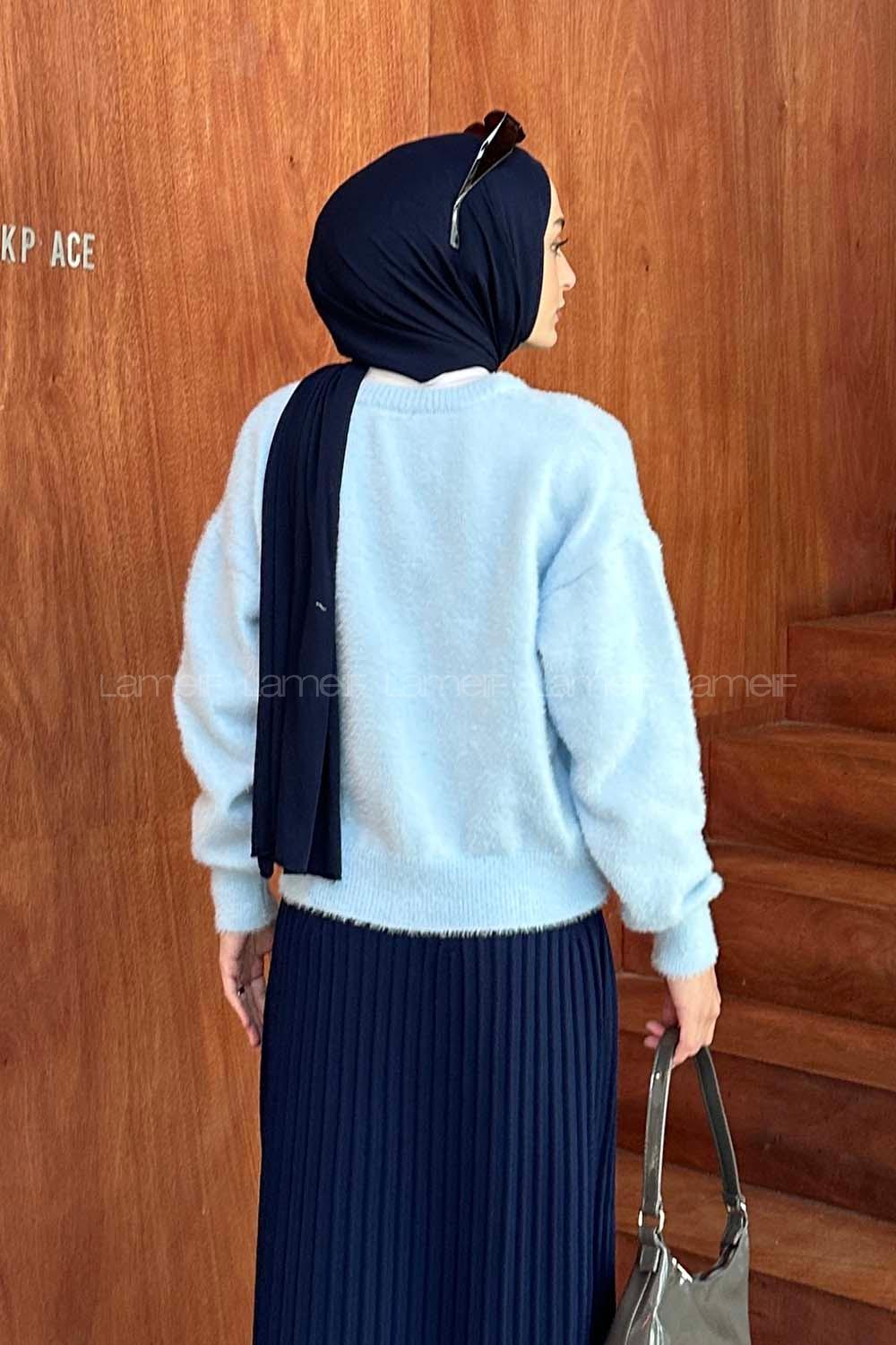 Blue Medium Crew Neck Long Arm Poplin Fabric Cardigan