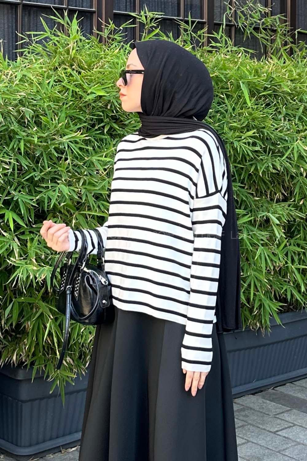 Lamelif Çizgili BalIkçı Kazak Beyaz