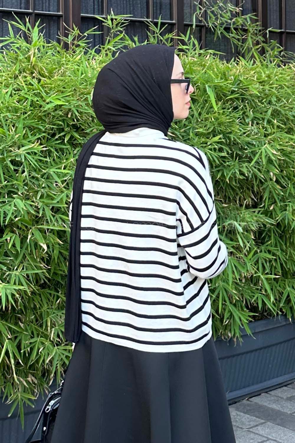 Lamelif Çizgili BalIkçı Kazak Beyaz