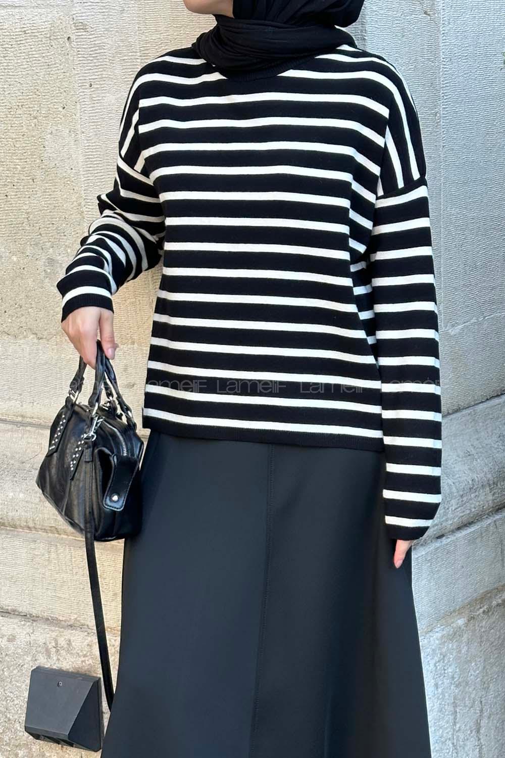 Lamelif Çizgili BalIkçı Kazak Siyah