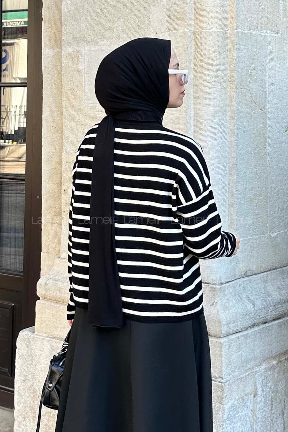 Lamelif Çizgili BalIkçı Kazak Siyah