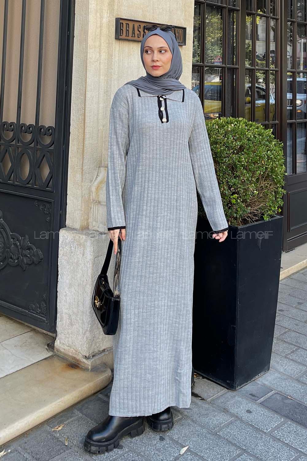 Lamelif Gömlek Yaka Düğme Detaylı Fitilli Triko Tesettür Elbise Gri