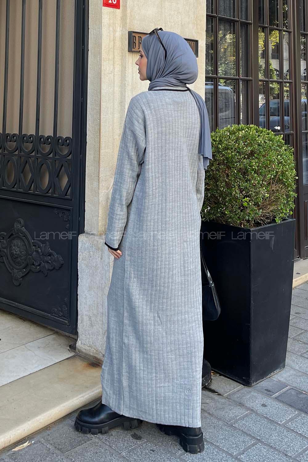 Lamelif Gömlek Yaka Düğme Detaylı Fitilli Triko Tesettür Elbise Gri