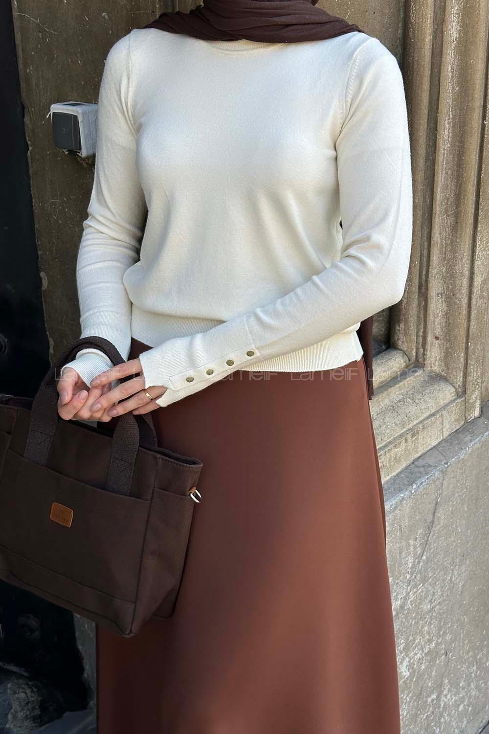 Lamelif Kol Drop Detaylı Kazak Krem