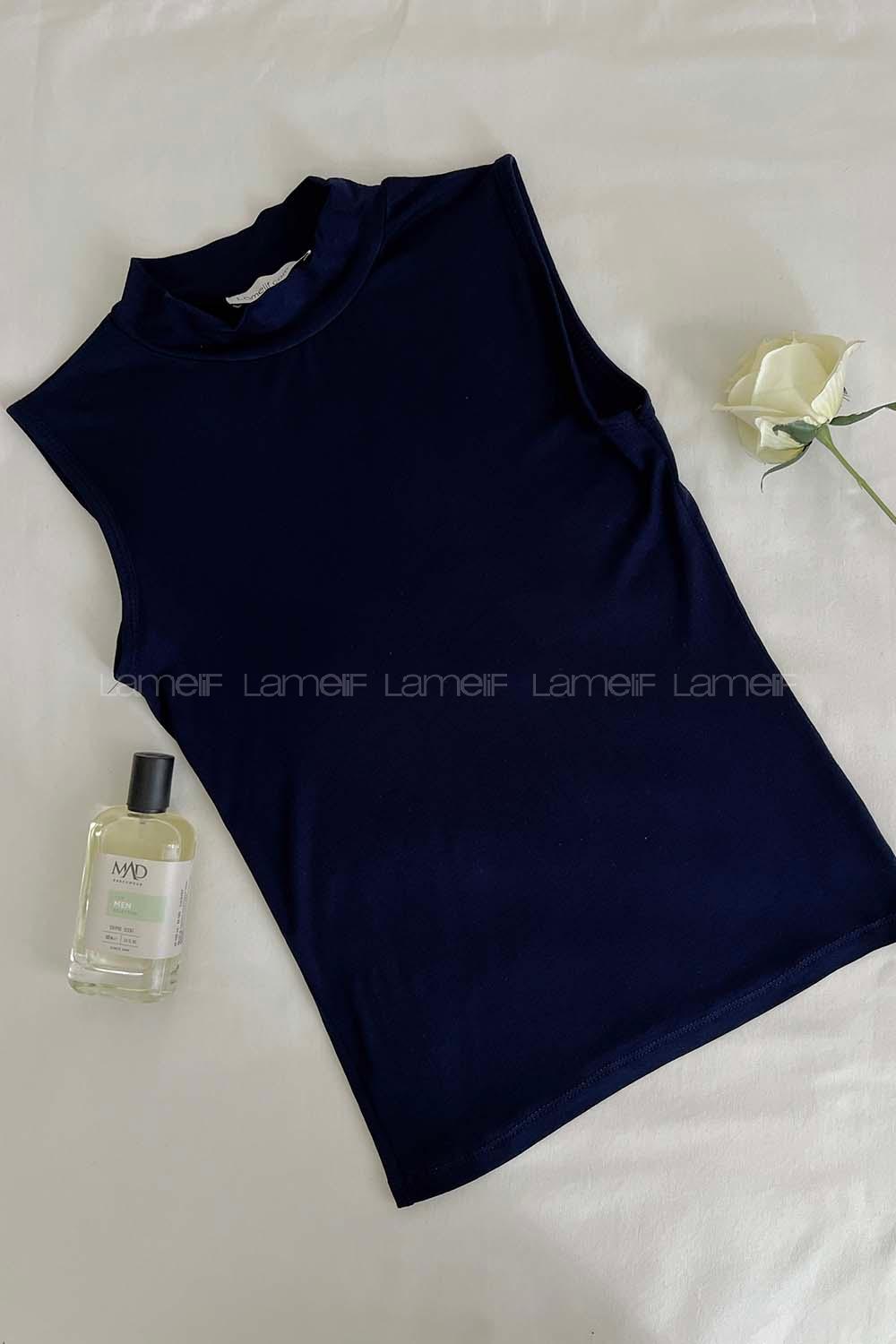 Navy Blue Crew Neck Zero Arm Combed Fabric Body