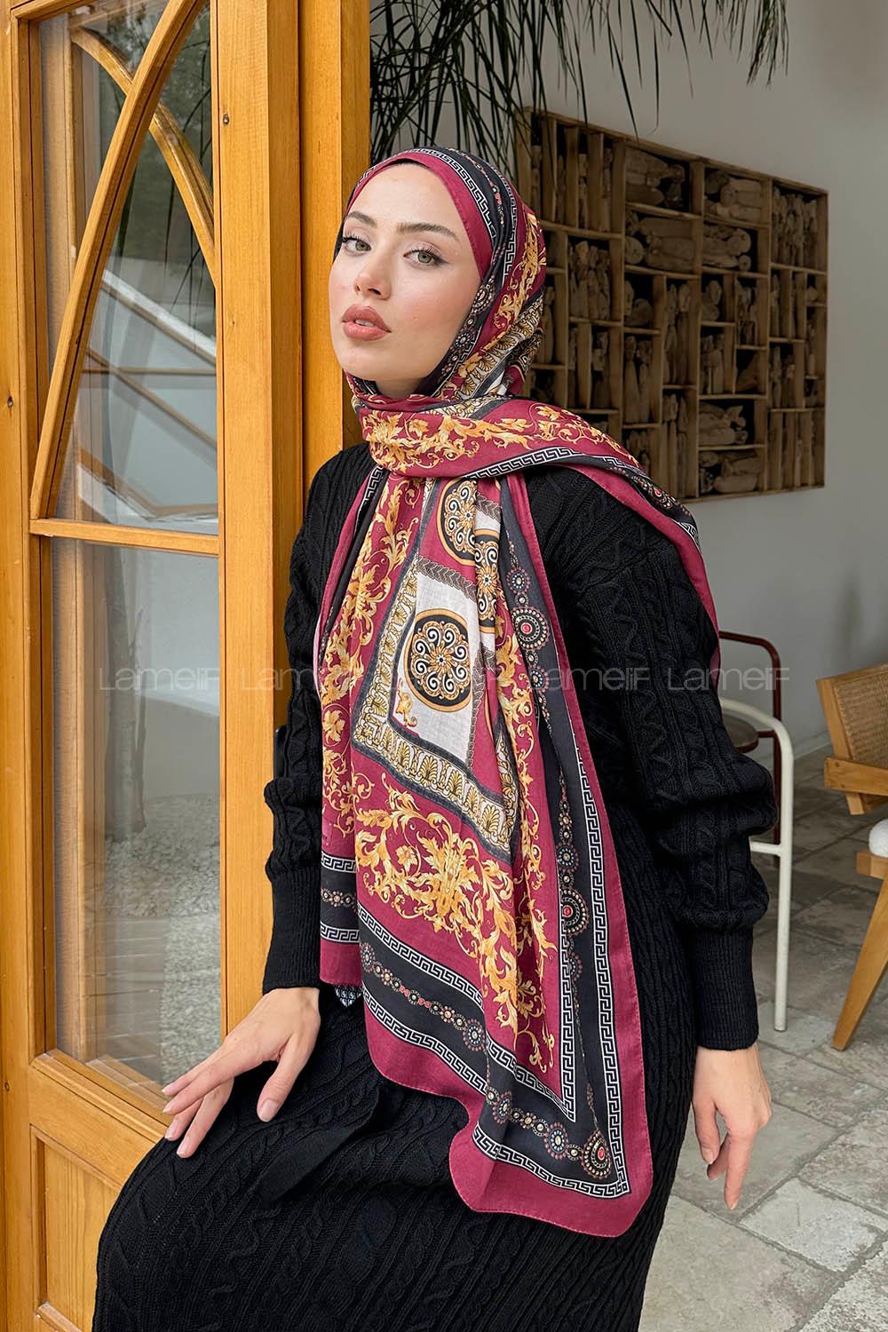 Lamelif Versa Desen Pamuk Şal Bordo