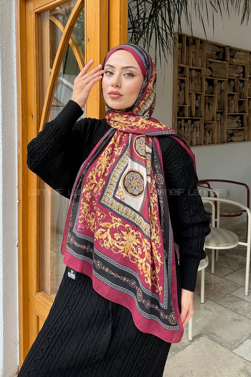 Lamelif Versa Desen Pamuk Şal Bordo
