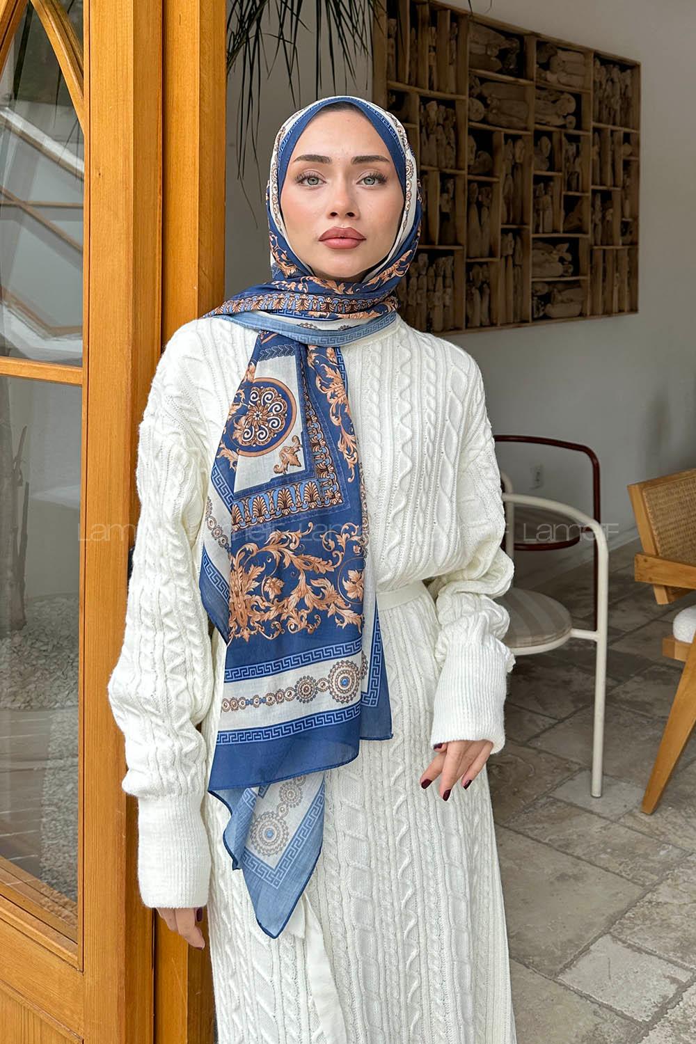 Lamelif Versa Desen Pamuk Şal Gece Mavisi İndigo