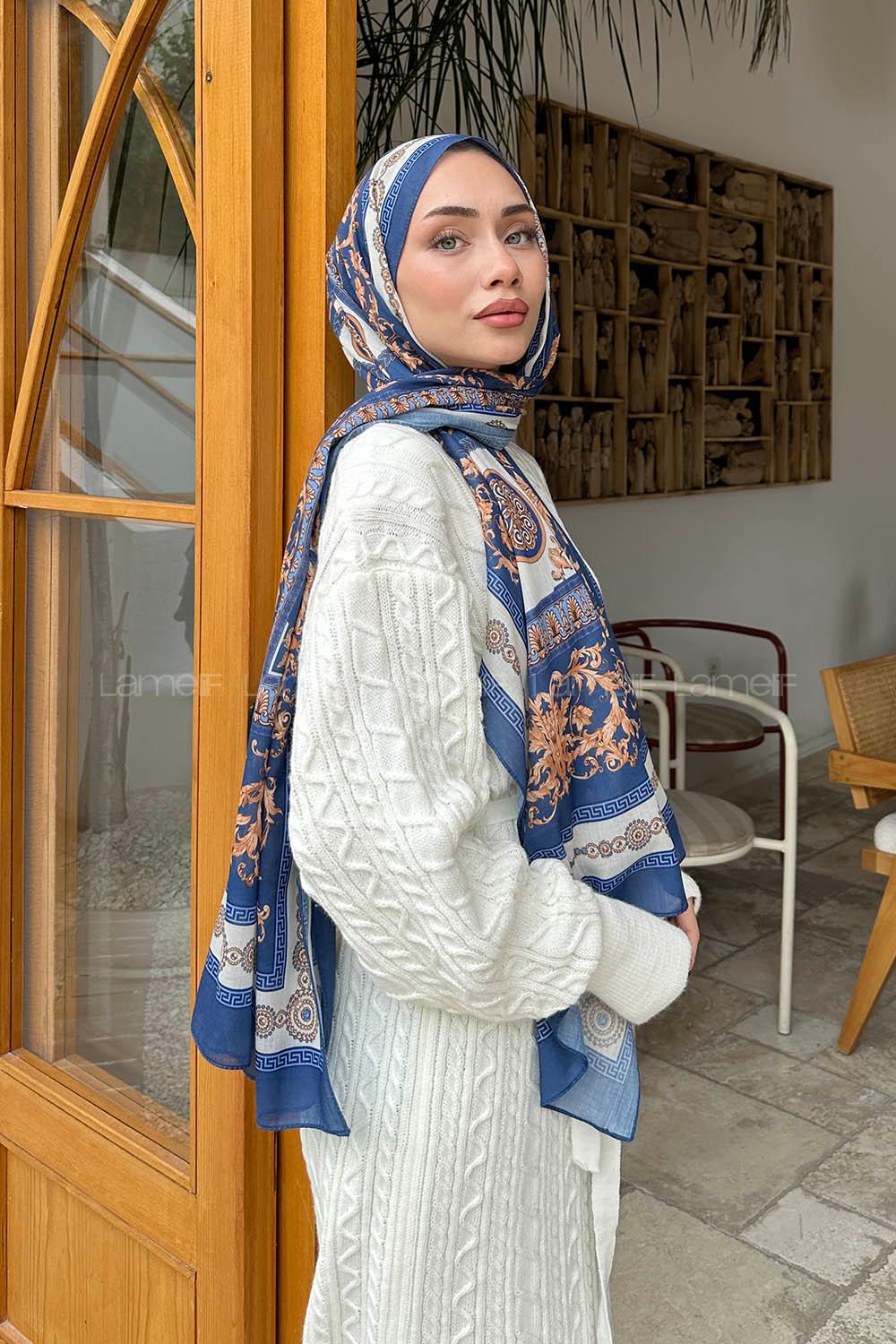 Lamelif Versa Desen Pamuk Şal Gece Mavisi İndigo