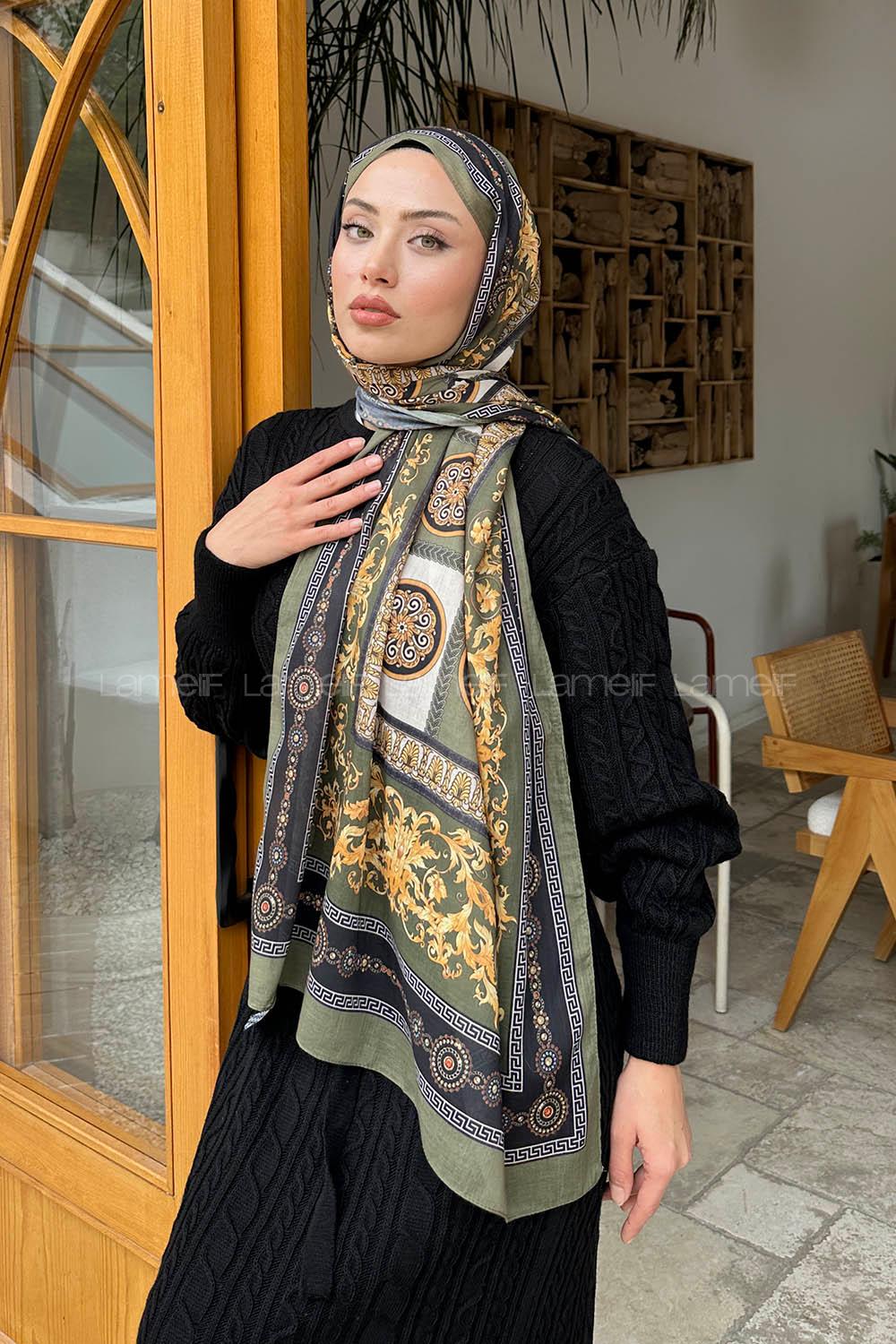 Lamelif Versa Desen Pamuk Şal Haki