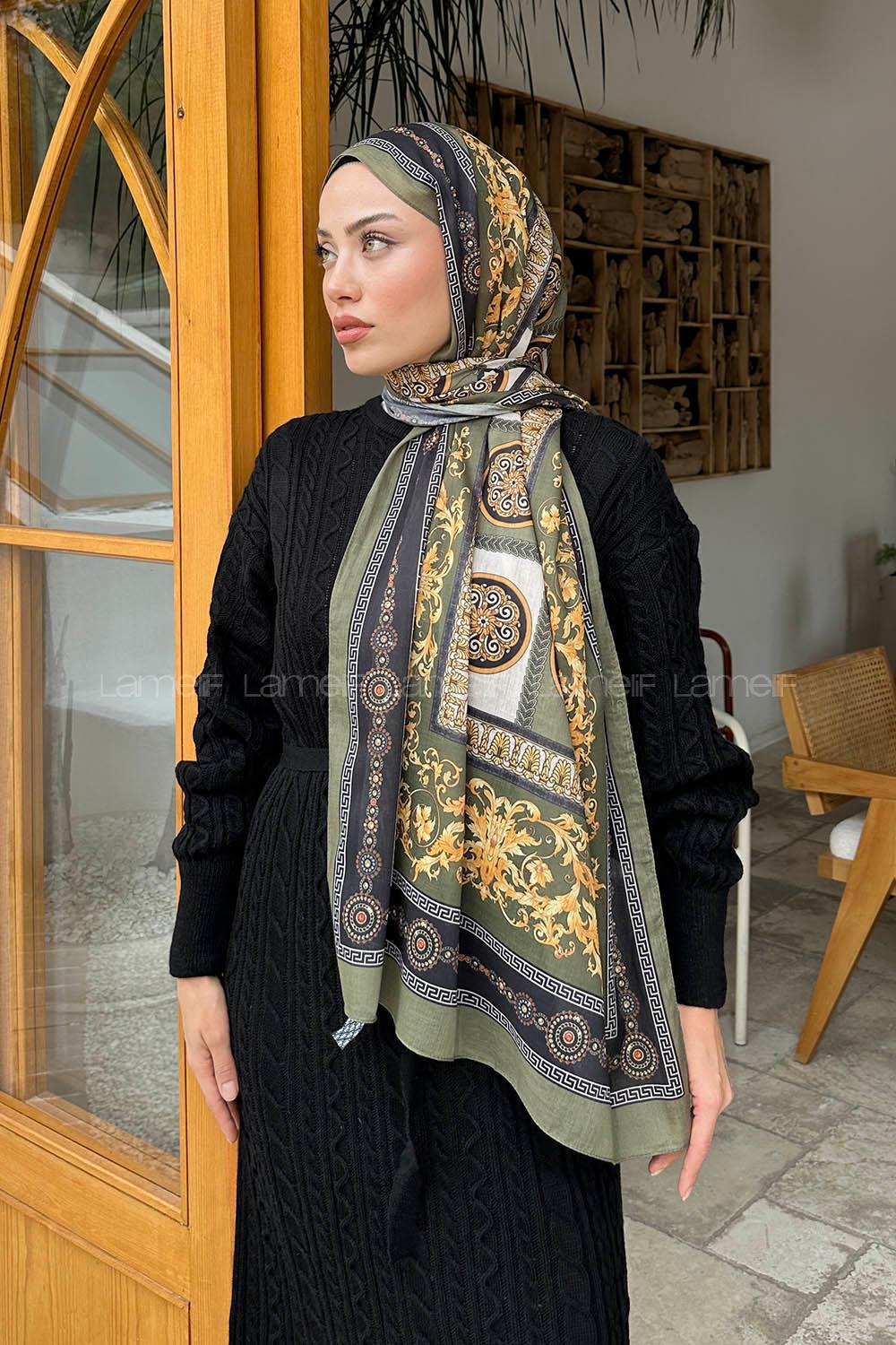 Lamelif Versa Desen Pamuk Şal Haki
