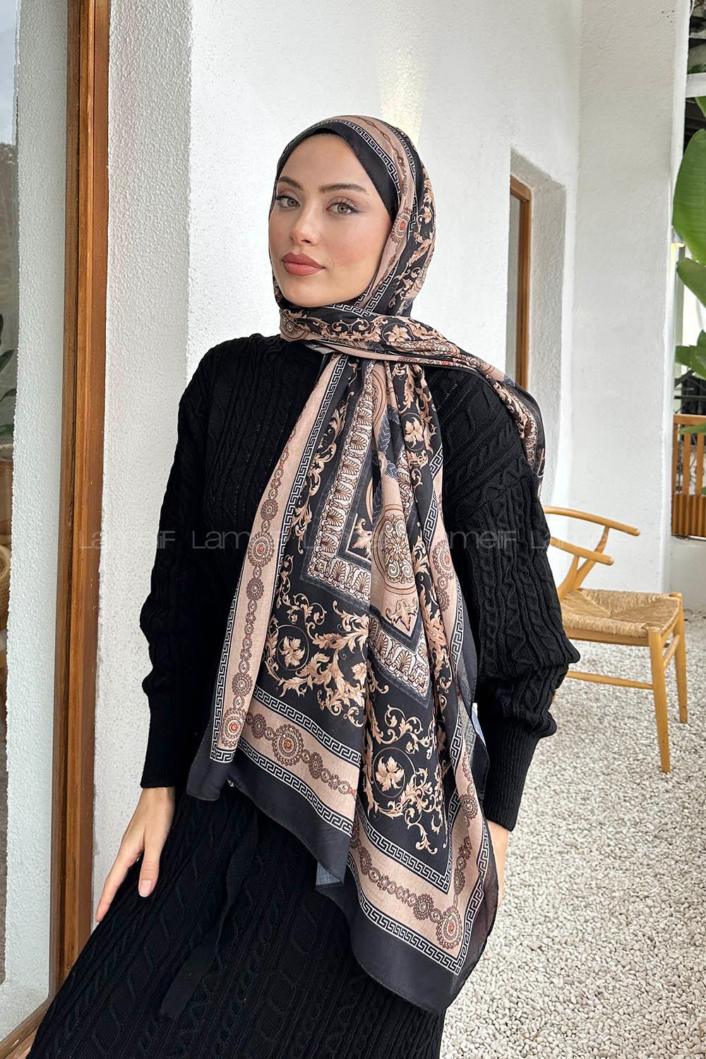 Lamelif Versa Desen Pamuk Şal Siyah Vizon