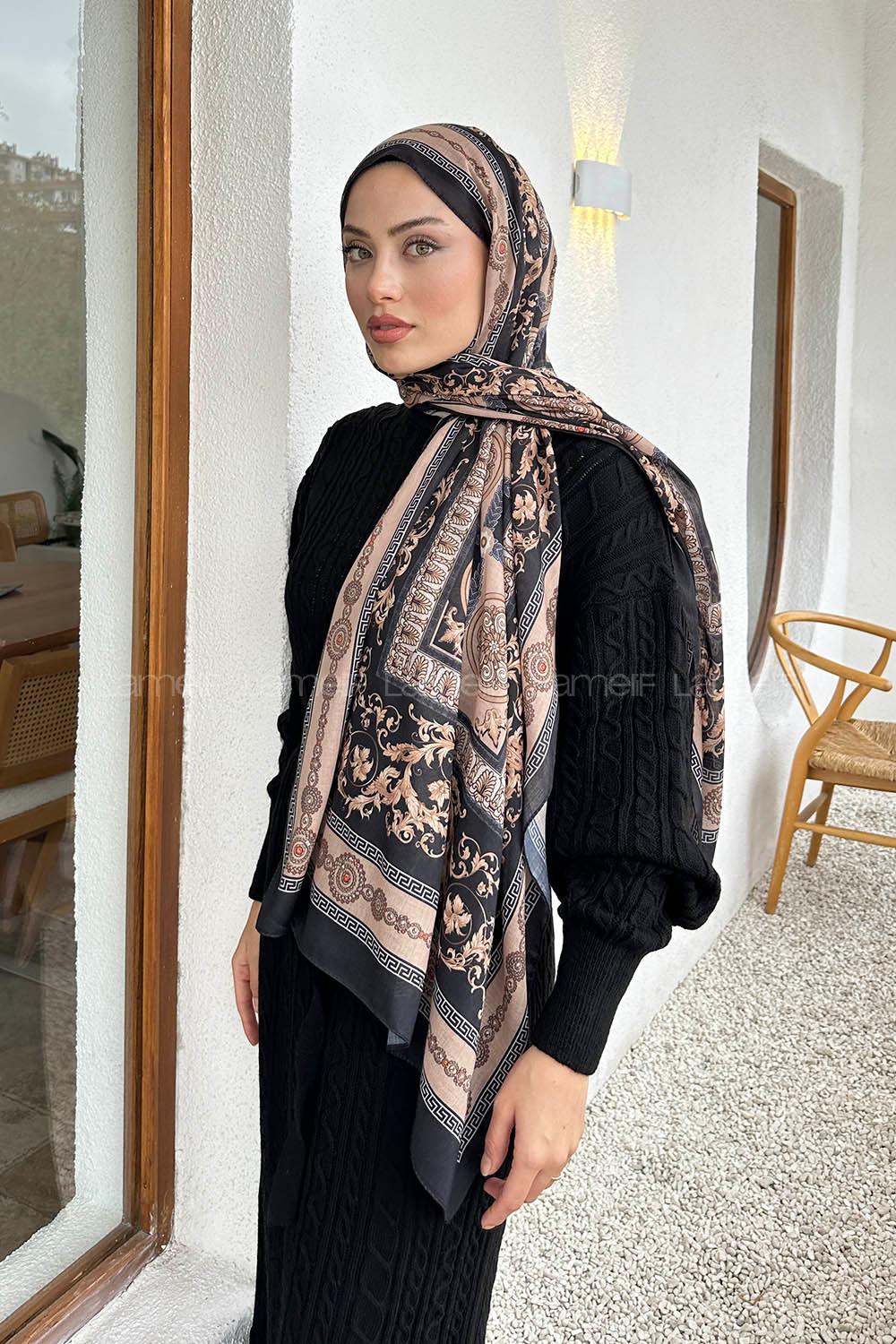 Lamelif Versa Desen Pamuk Şal Siyah Vizon