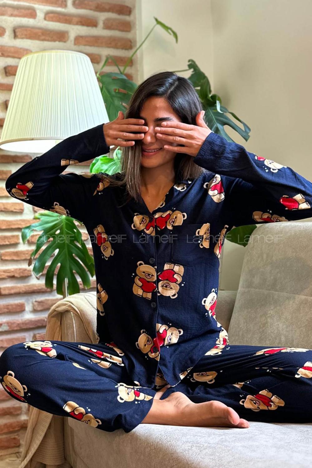 Lamelif Ayıcık Desenli Süet Kumaş Pijama Takım Seti