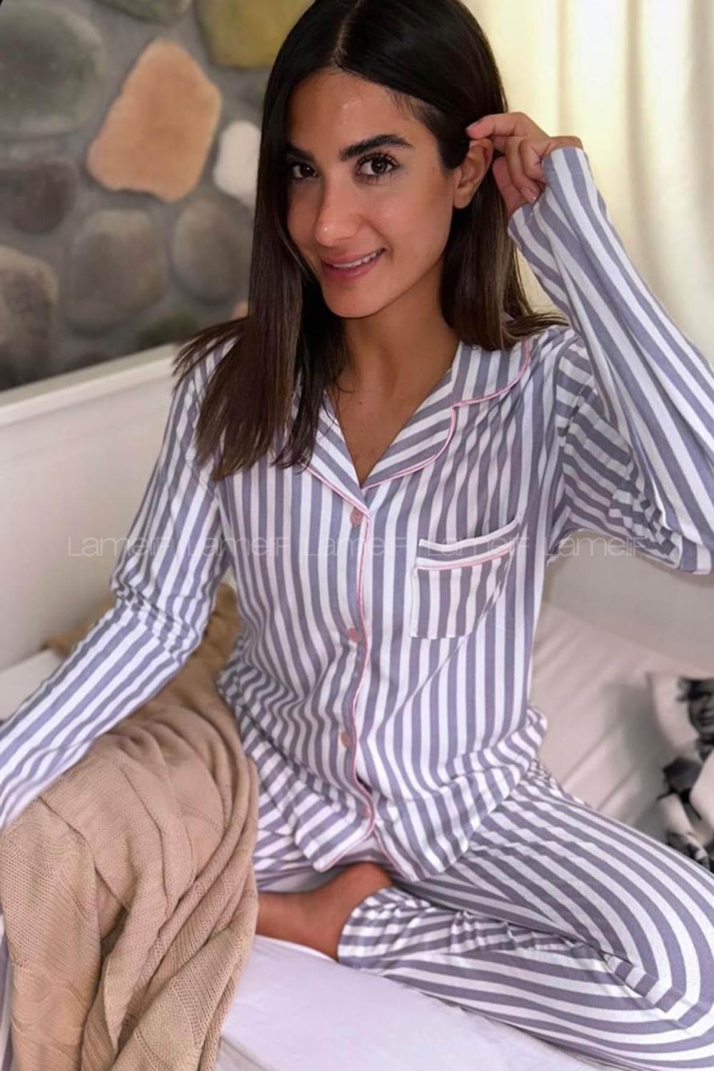 Lamelif Çizgi Desenli Süet Kumaş Pijama Takım Seti