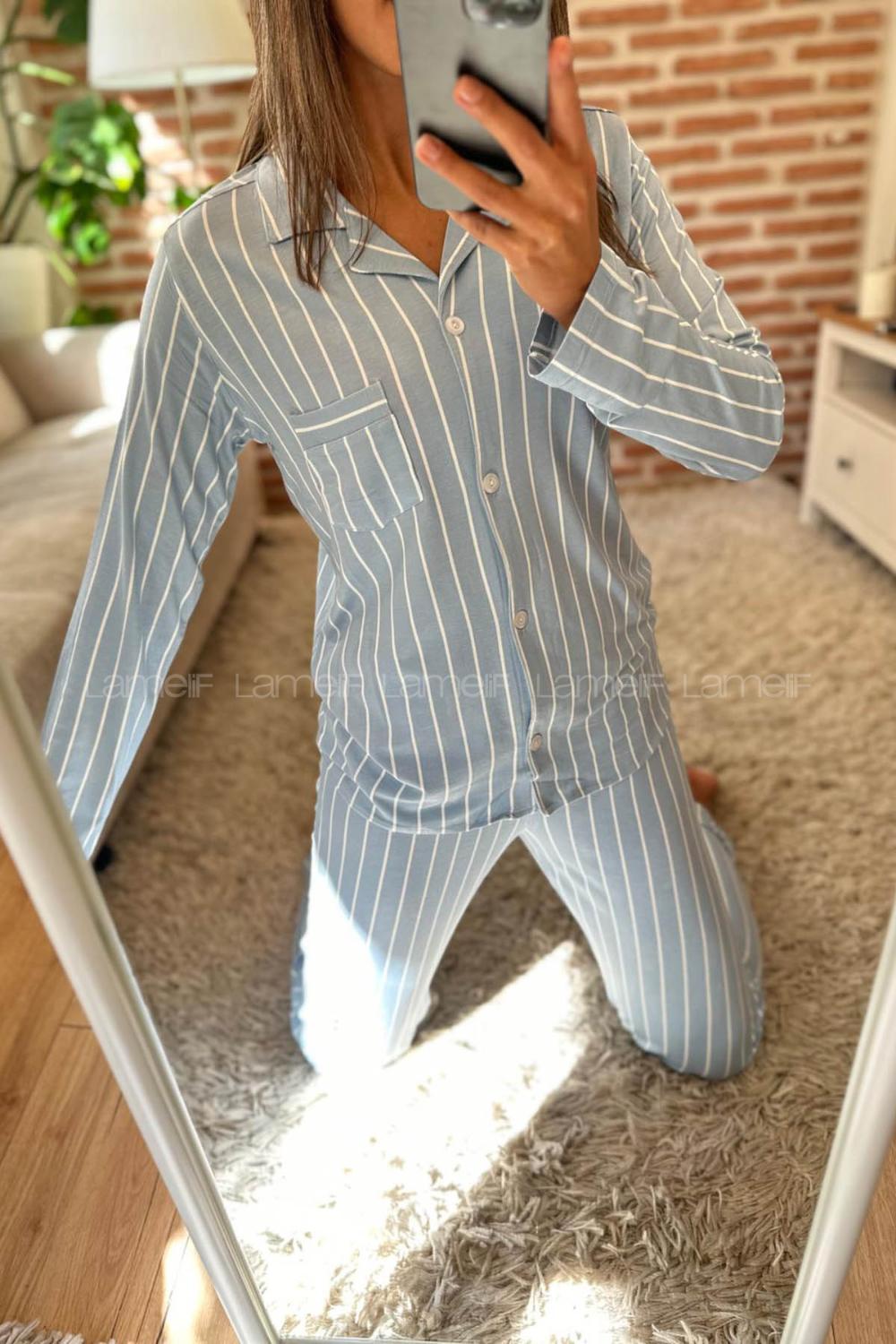 Lamelif Çizgi Desenli Viscose Kumaş Pijama Takım Seti