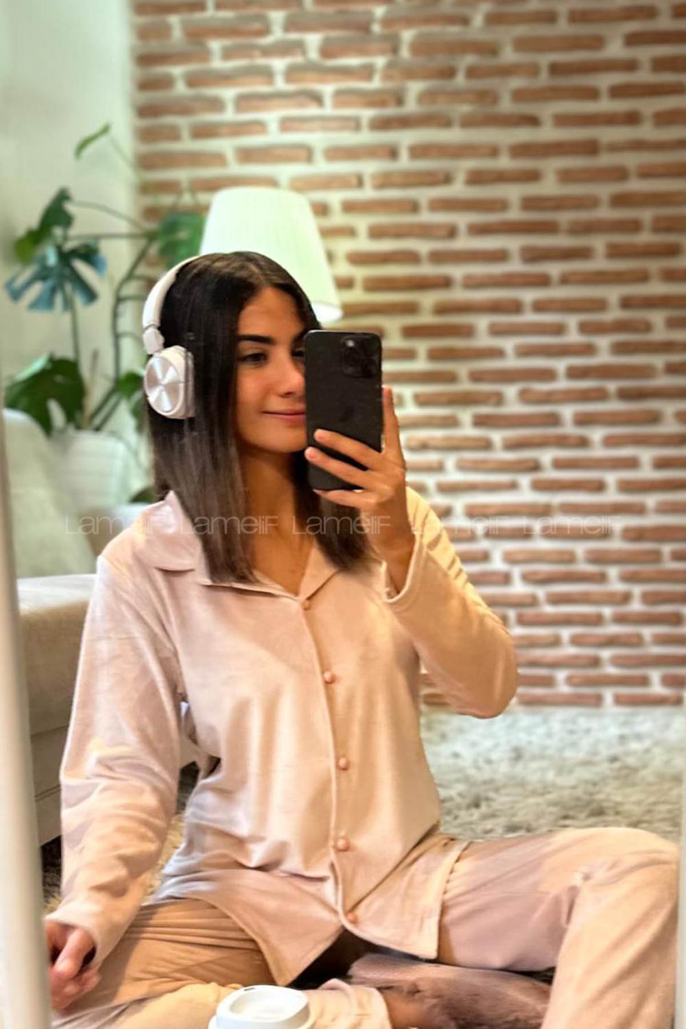 Lamelif Frans Kadife Kumaş Pijama Takım Seti Pudra