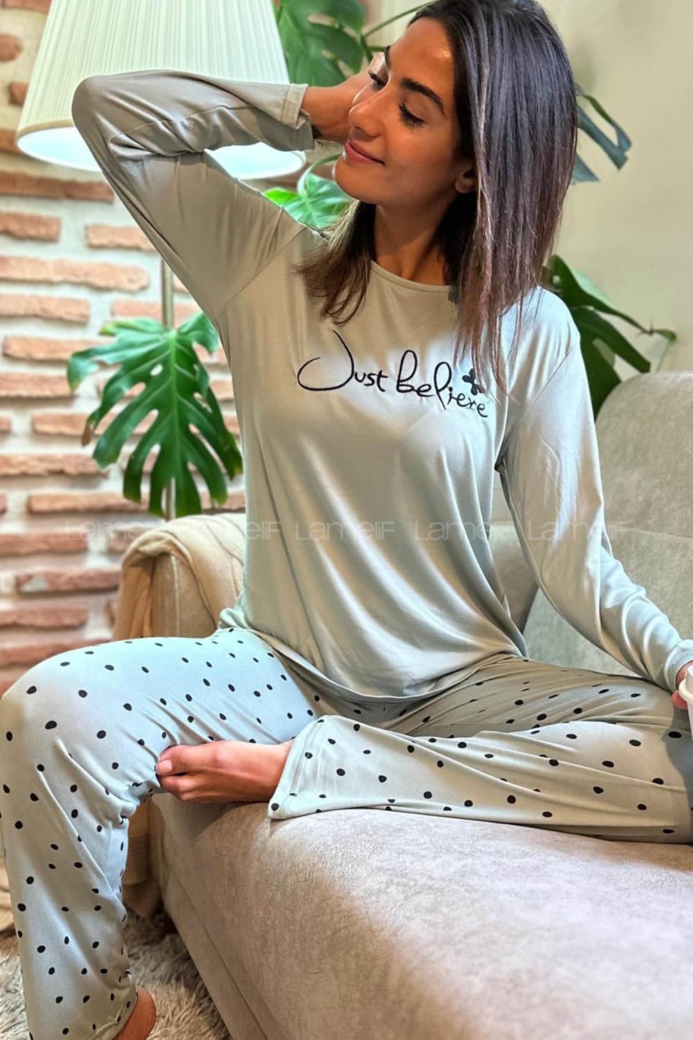 Lamelif Puantiye Desenli Milan Kumaş Pijama Takım Seti Mint Yeşili