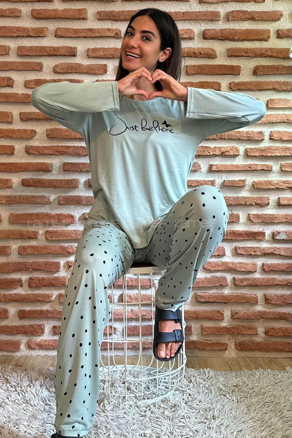 Lamelif Puantiye Desenli Milan Kumaş Pijama Takım Seti Mint Yeşili