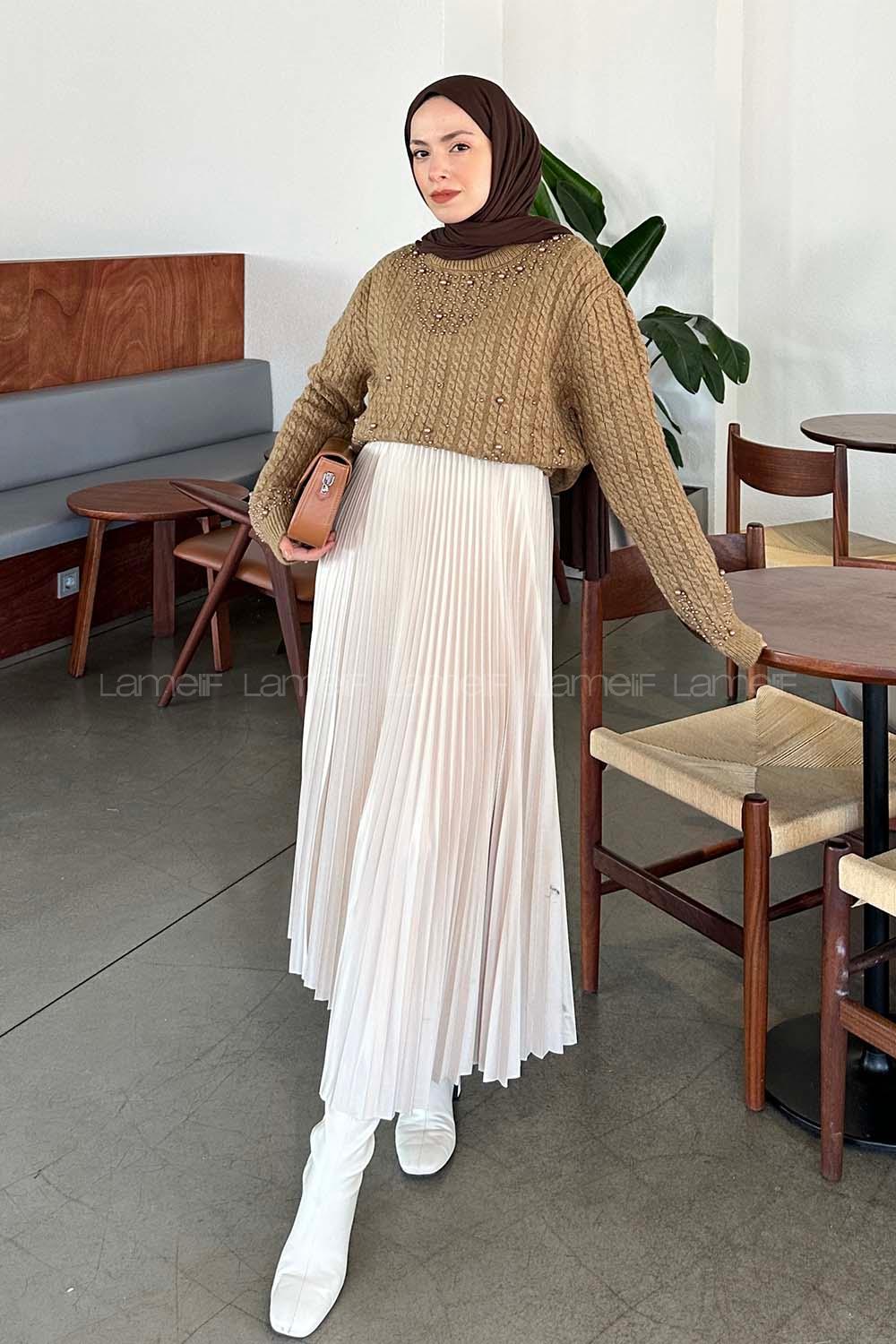 Lamelif İnci Detaylı Triko Kazak Sütlü Kahve