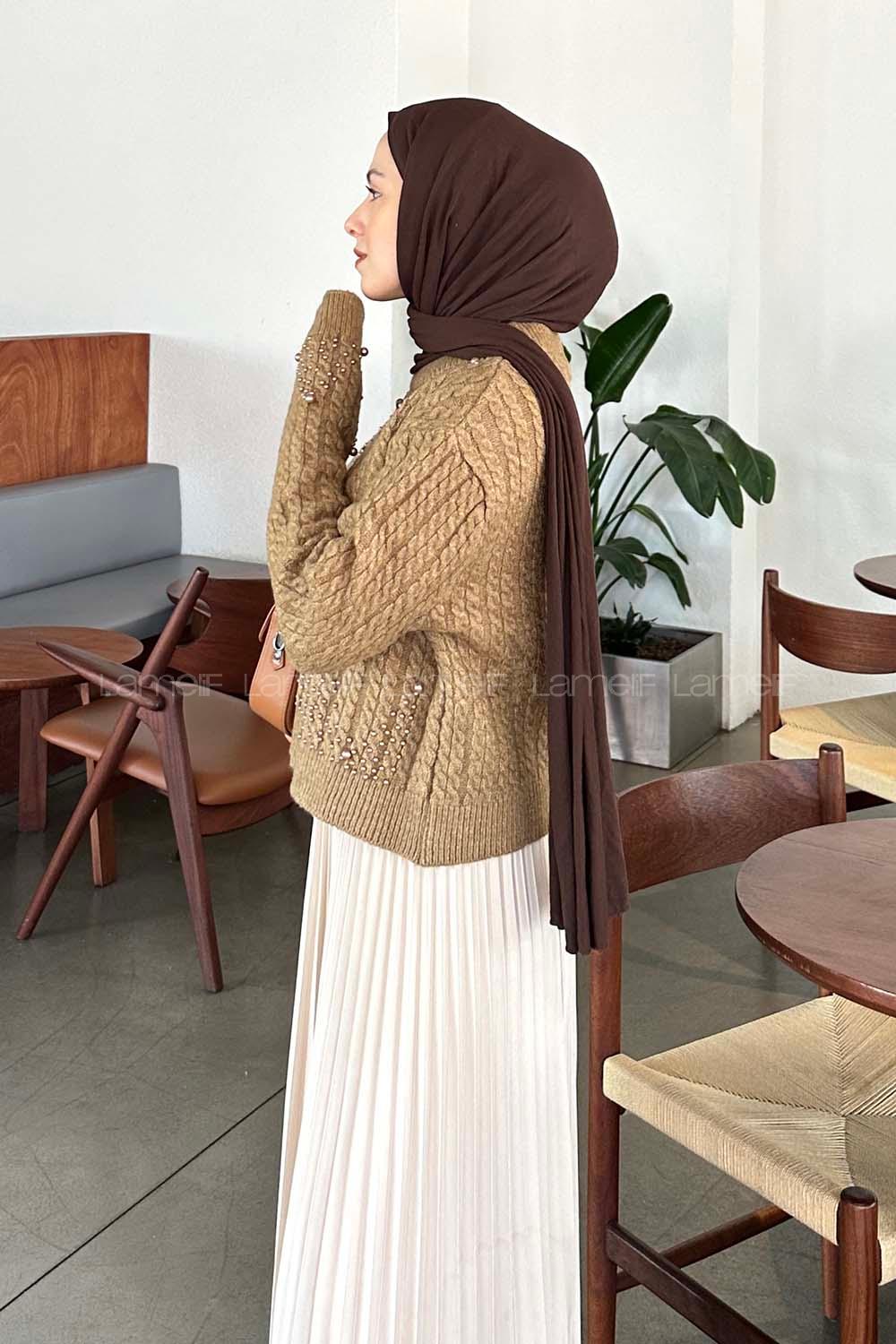 Lamelif İnci Detaylı Triko Kazak Sütlü Kahve