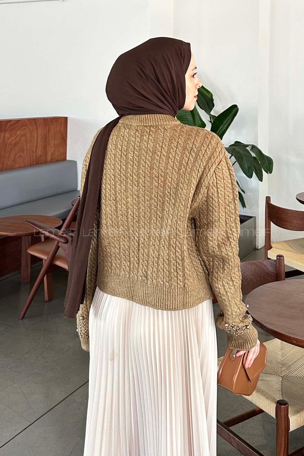 Lamelif İnci Detaylı Triko Kazak Sütlü Kahve