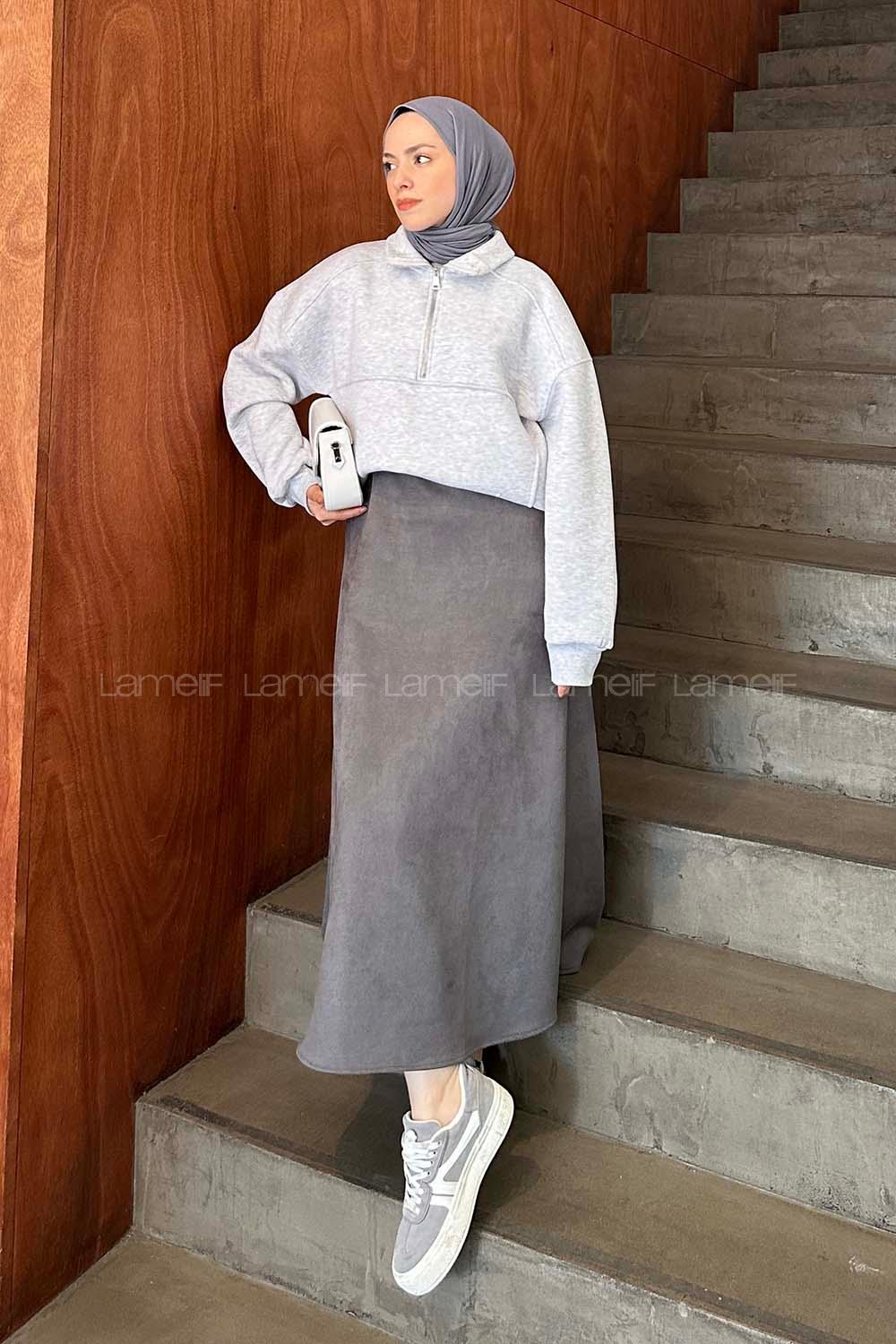 Lamelif Ön Yarım Fermuar Detaylı Sweat Açık Gri