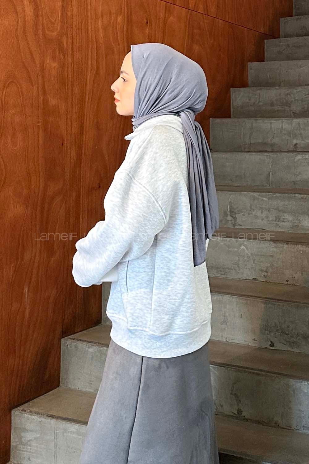 Lamelif Ön Yarım Fermuar Detaylı Sweat Açık Gri