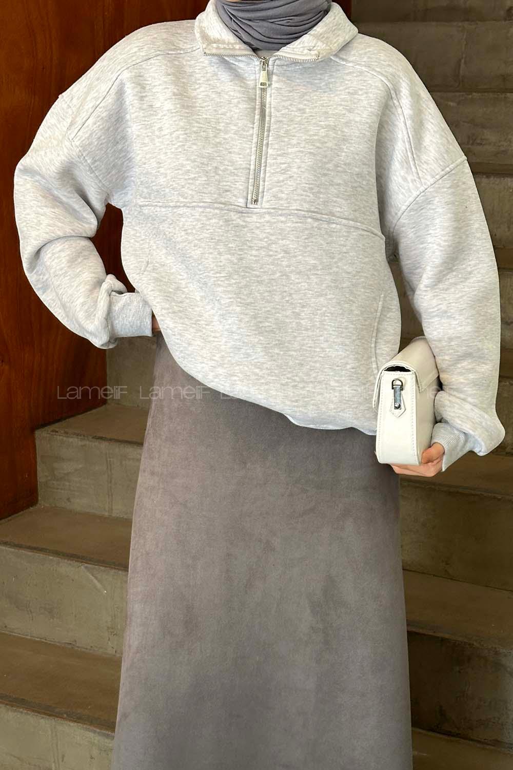 Lamelif Ön Yarım Fermuar Detaylı Sweat Açık Gri