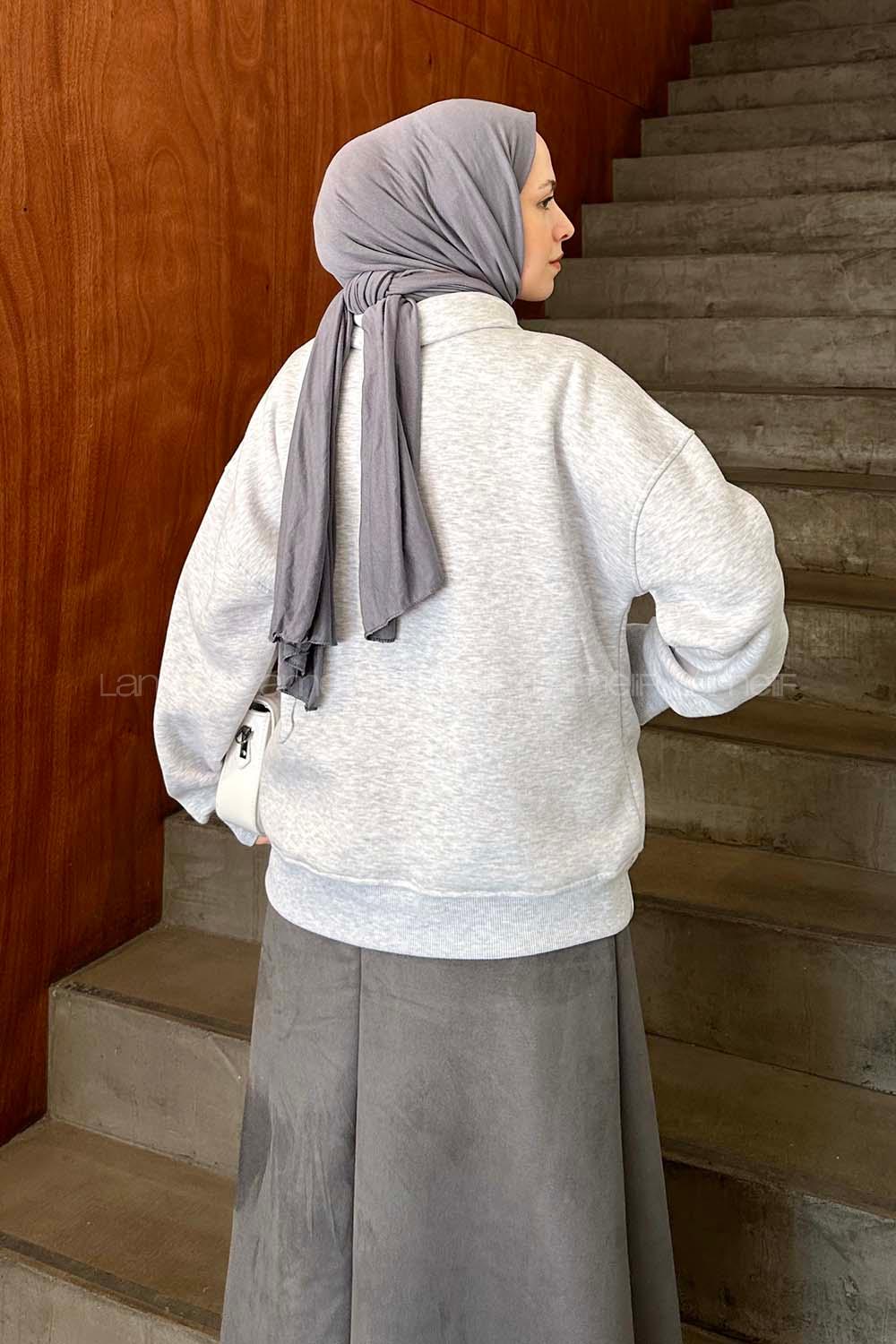 Lamelif Ön Yarım Fermuar Detaylı Sweat Açık Gri