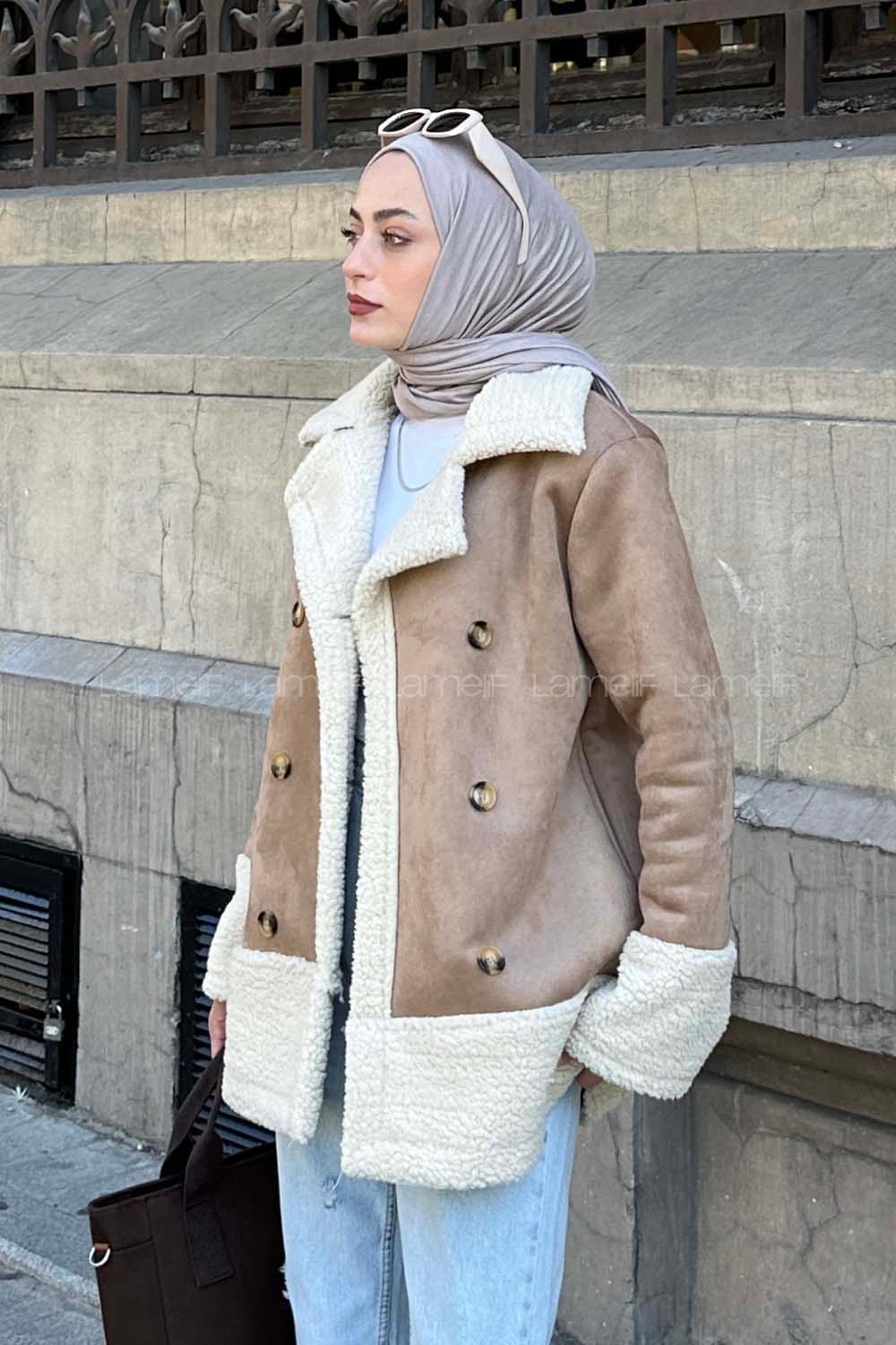 Lamelif Önü Boydan Düğmeli Kürklü Mont Soft Kahve