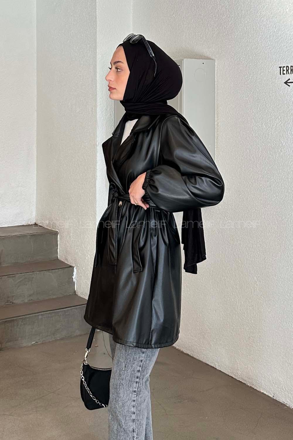 Lamelif Regular Fit Düğmeli Kuşaklı Deri Trençkot Siyah