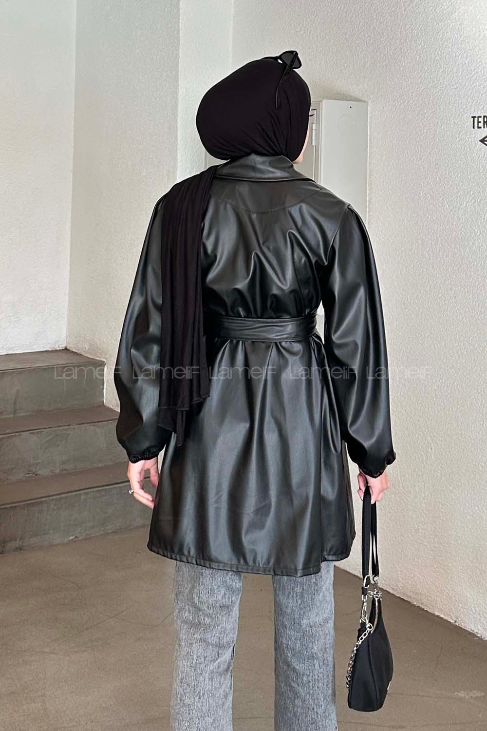 Lamelif Regular Fit Düğmeli Kuşaklı Deri Trençkot Siyah