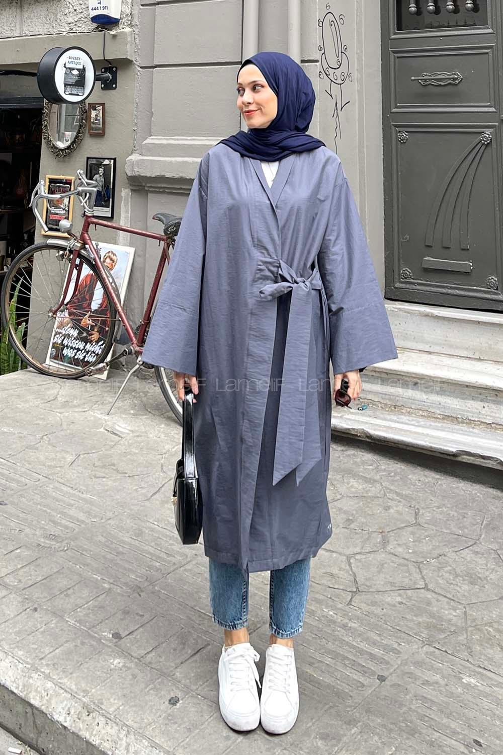 Lamelif Bağlamalı Uzun Kimono Gri