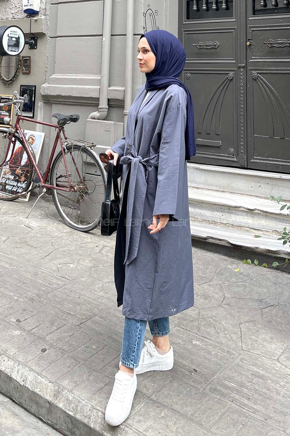 Lamelif Bağlamalı Uzun Kimono Gri