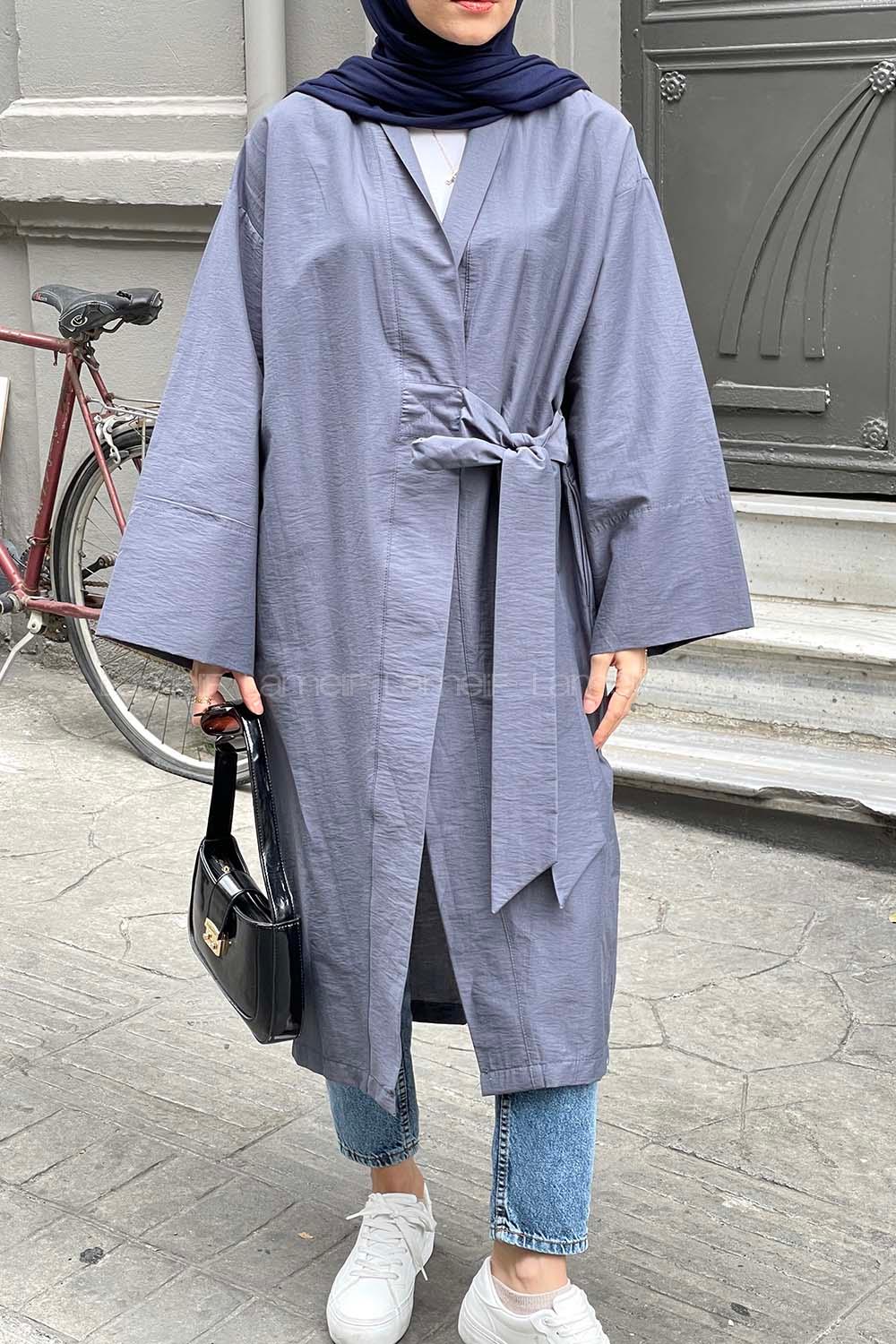 Lamelif Bağlamalı Uzun Kimono Gri