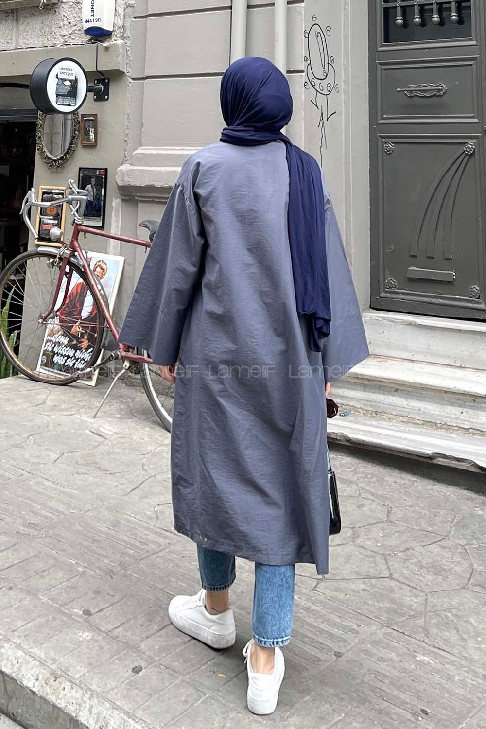 Lamelif Bağlamalı Uzun Kimono Gri